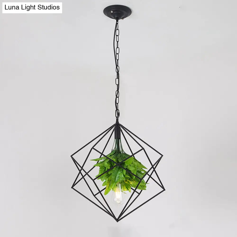 Diamond Cage Pendant Light With Black Farm Finish - Metallic Hanging Lamp Kit Green Plant Décor