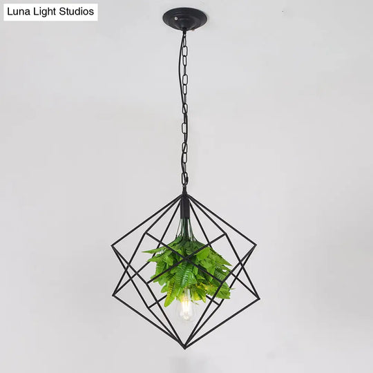 Diamond Cage Pendant Light With Black Farm Finish - Metallic Hanging Lamp Kit Green Plant Décor