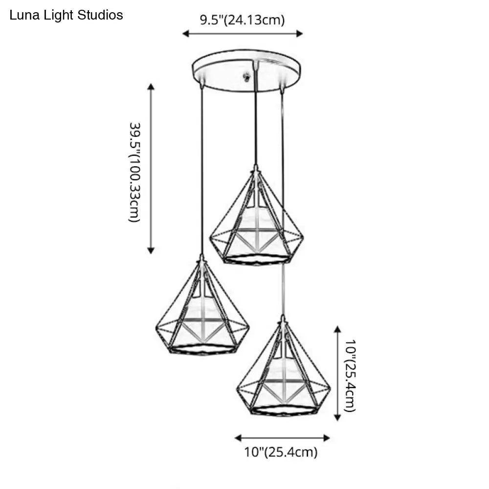 Diamond Cage Pendant With 3 Lights - Industrial Iron Ceiling For Bar Using Hanging Cord