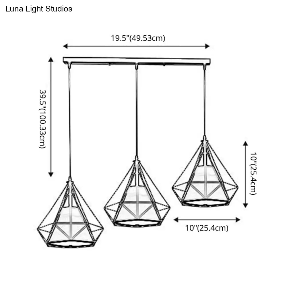 Diamond Cage Pendant With 3 Lights - Industrial Iron Ceiling For Bar Using Hanging Cord