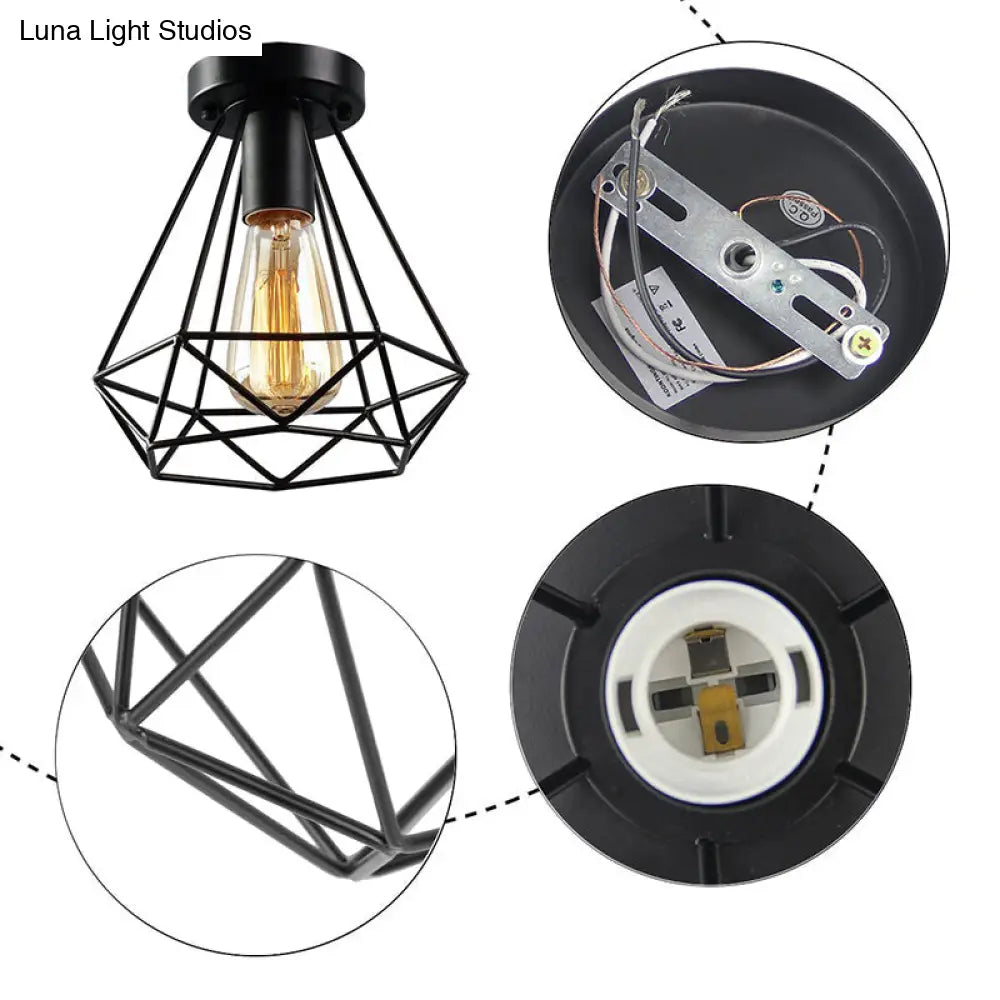 Diamond Cage Semi Flush Mount Ceiling Light Fixture Retro Industrial Style For Restaurants