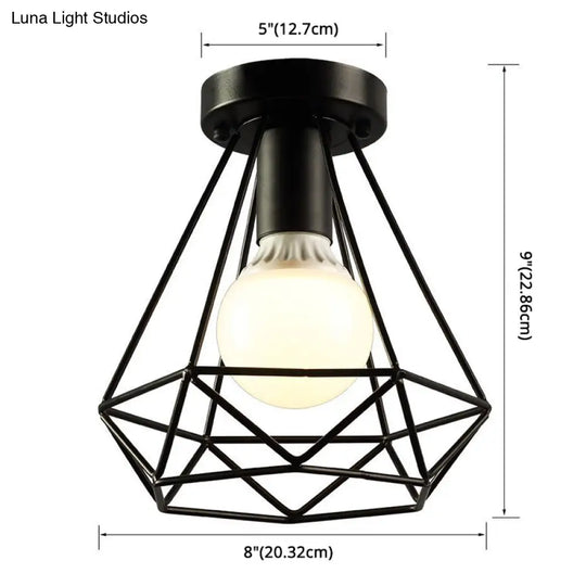 Diamond Cage Semi Flush Mount Ceiling Light Fixture – Retro Industrial Style For Restaurants