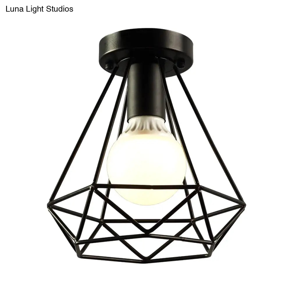 Diamond Cage Semi Flush Mount Ceiling Light Fixture – Retro Industrial Style For Restaurants