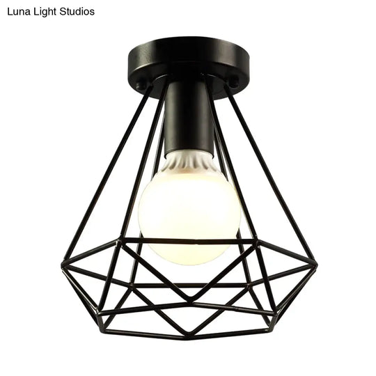 Diamond Cage Semi Flush Mount Ceiling Light Fixture – Retro Industrial Style For Restaurants