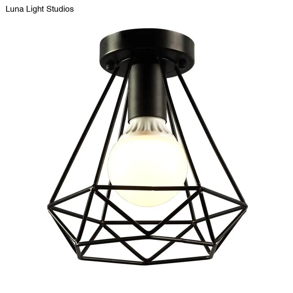 Diamond Cage Semi Flush Mount Ceiling Light Fixture Retro Industrial Style For Restaurants