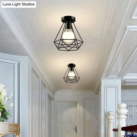 Diamond Cage Semi Flush Mount Ceiling Light Fixture – Retro Industrial Style For Restaurants