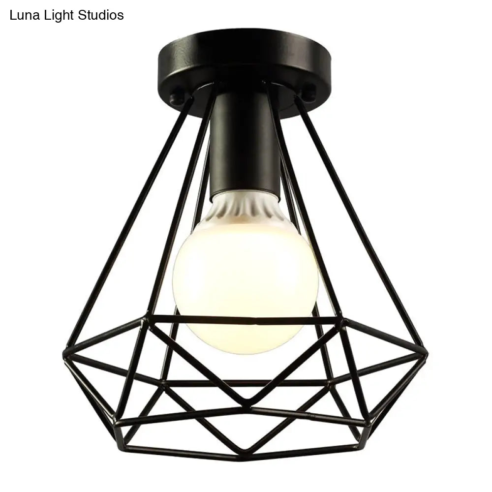 Diamond Cage Semi Flush Mount Ceiling Light Fixture Retro Industrial Style For Restaurants Black