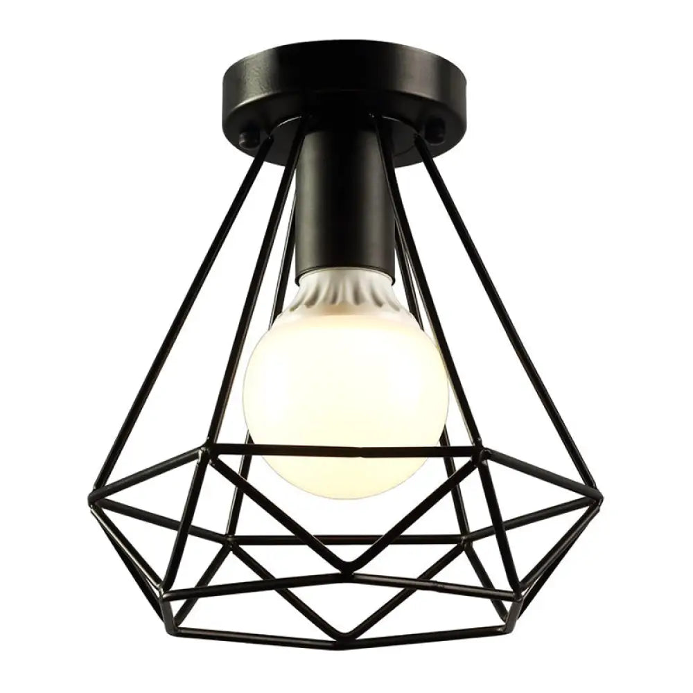 Diamond Cage Semi Flush Mount Ceiling Light Fixture – Retro Industrial Style For Restaurants Black