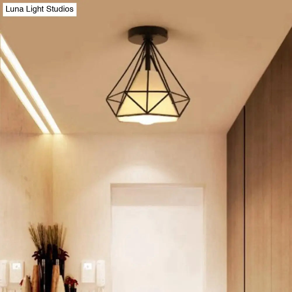 Diamond Cage Semi Flush Mount Retro Industrial Ceiling Lights For Hallway Black-White