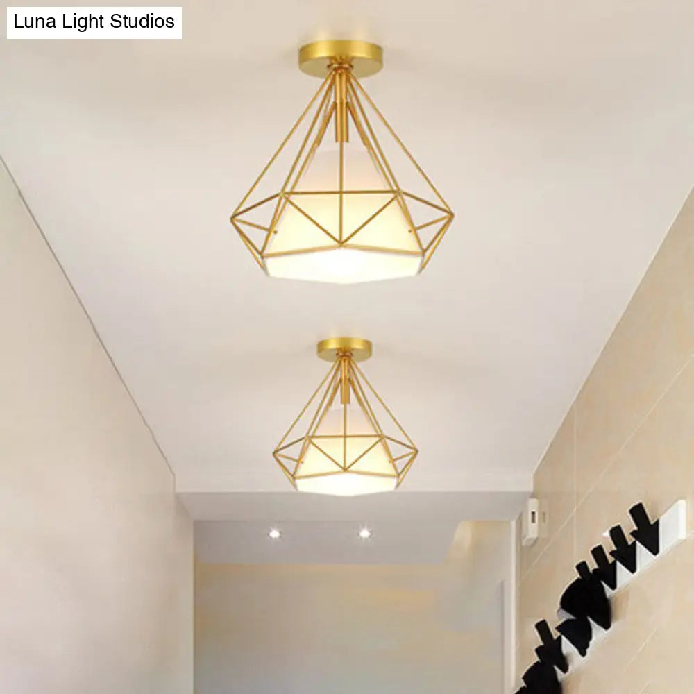 Diamond Ceiling Lamp - Vintage Metal Semi Mount With Single-Bulb Fabric Shade Inside