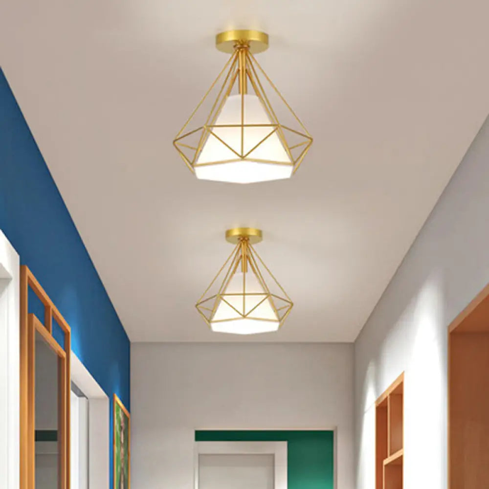 Diamond Ceiling Lamp - Vintage Metal Semi Mount With Single - Bulb Fabric Shade Inside Gold