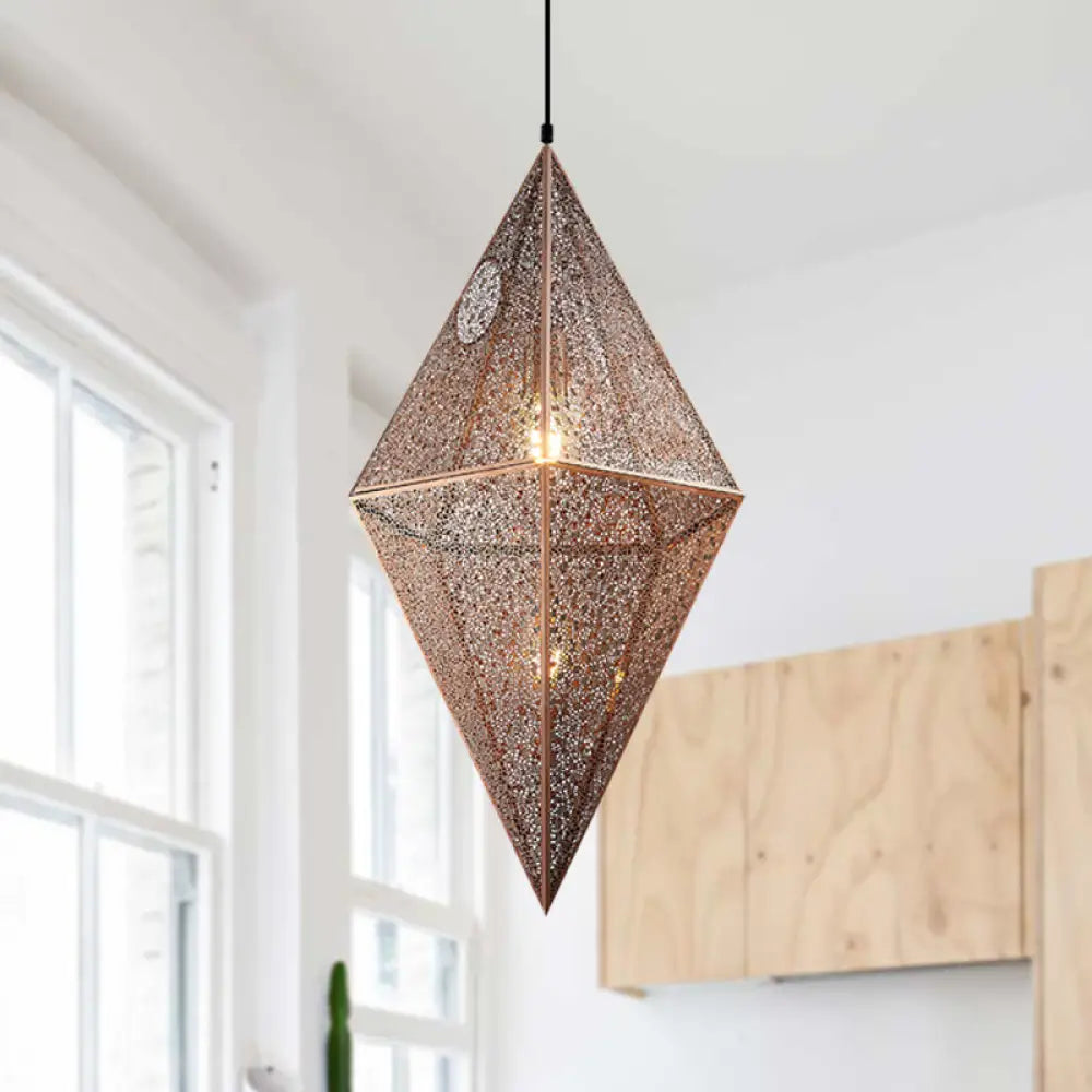 Diamond Ceiling Lighting - 10’/14’W Post-Modern Metal Pendant With Wire Mesh Cage Gold/Rose