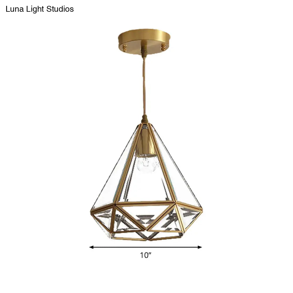 Diamond Classic Pendant Light Fixture - Clear Glass Hanging Lamp Kit In Brass 8/10 Wide 1