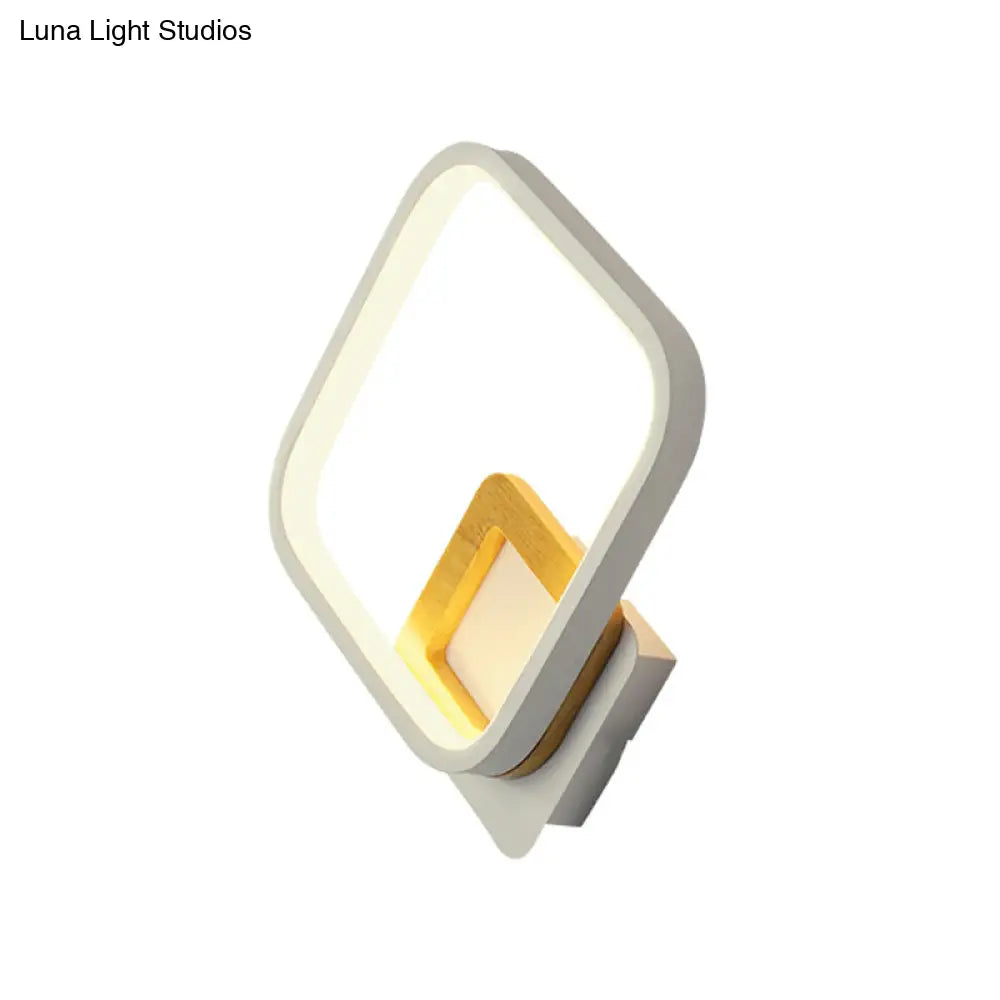 Diamond-Frame Led Wall Sconce: Minimalist White & Wood Light With Warm/White Glow