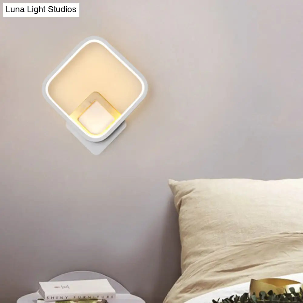 Diamond-Frame Led Wall Sconce: Minimalist White & Wood Light With Warm/White Glow