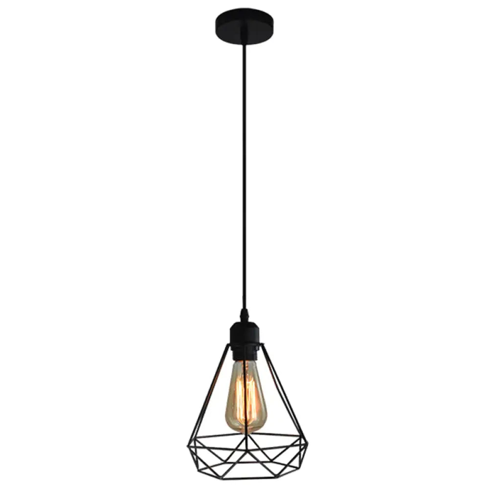 Diamond Iron Cluster Pendant: Nordic Retro 1-Light Black Restaurant Hanging Lamp / 8’