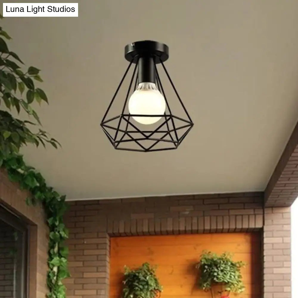 Diamond Iron Vintage 1 - Light Balcony Ceiling Flush Light In Black - Semi Mount Lighting