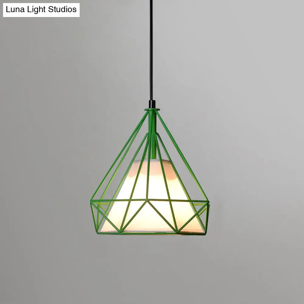 Diamond Loft Ceiling Hang Lamp 1-Head Pendant Lighting In Black/White/Green With Cone Fabric Shade