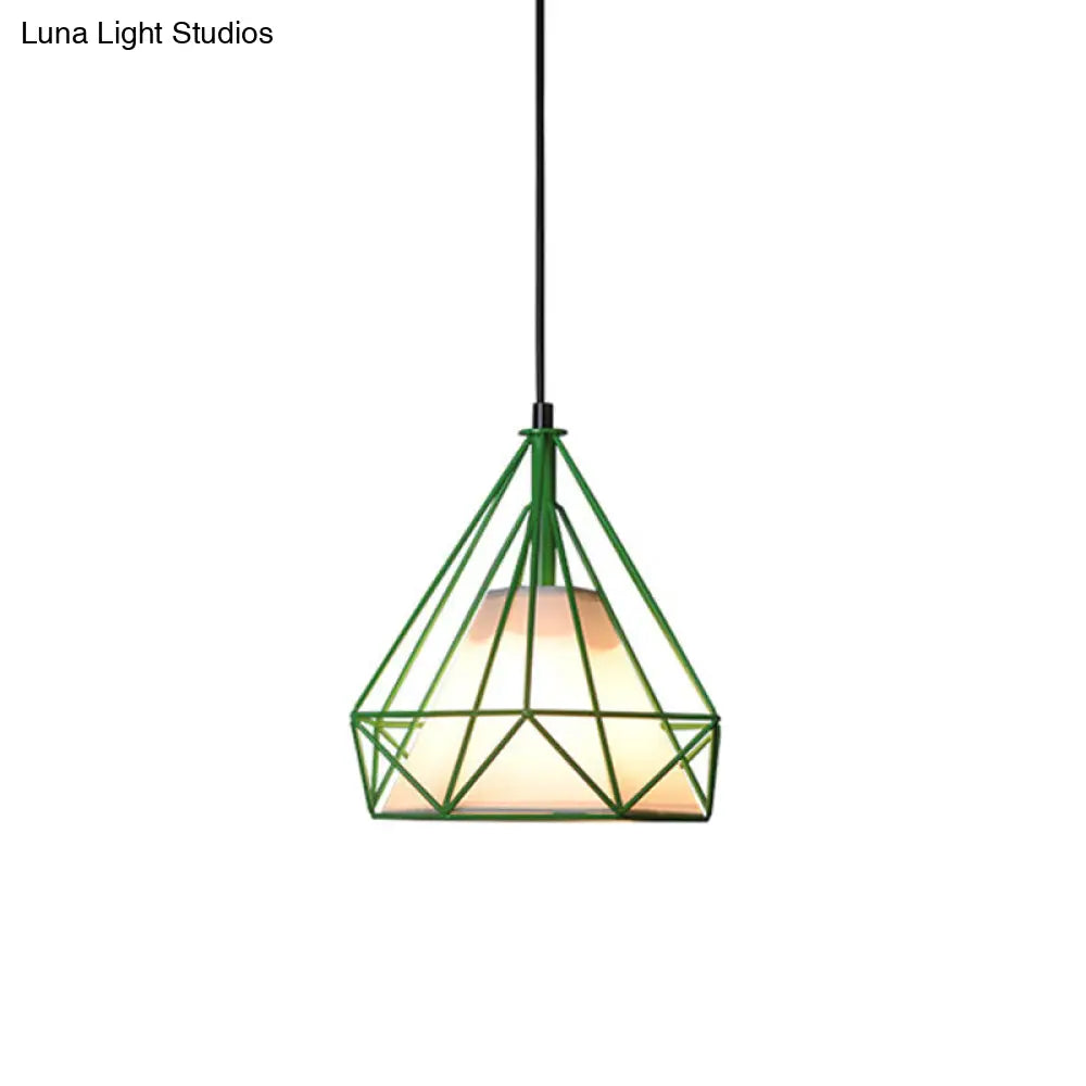 Diamond Loft Ceiling Hang Lamp 1-Head Pendant Lighting In Black/White/Green With Cone Fabric Shade