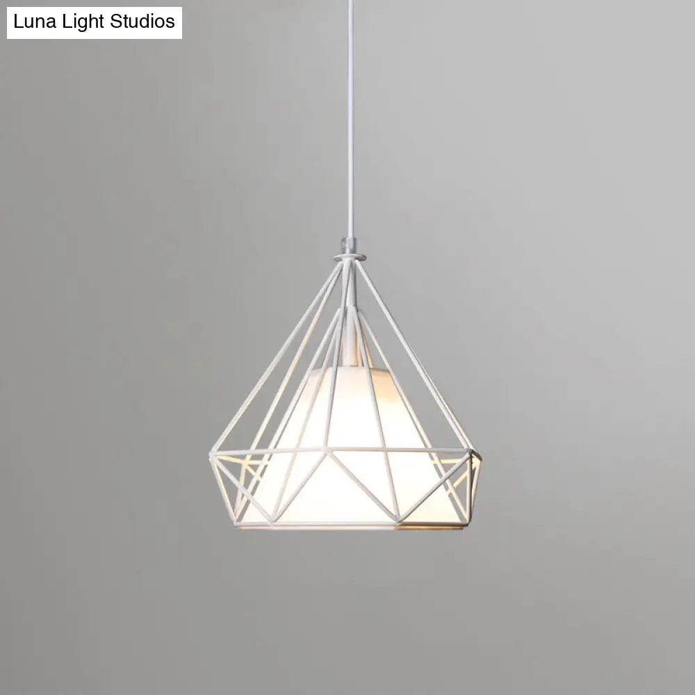 Diamond Loft Ceiling Hang Lamp - 1 Head Iron Pendant Lighting In Black/White/Green With Cone Fabric