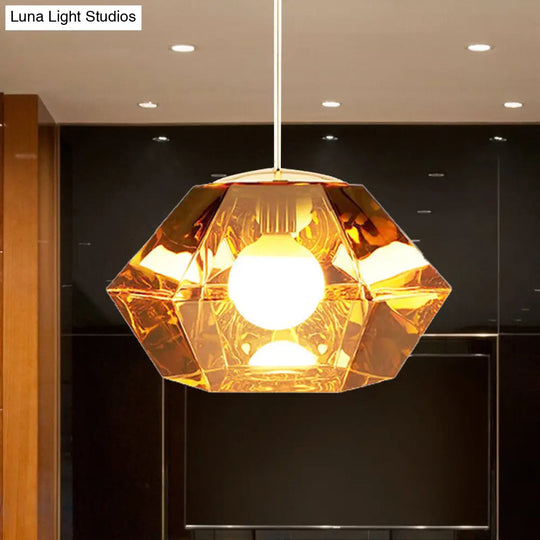 Diamond Pendant Lighting: Post-Modern Glass Ceiling Light With Linear/Stout Shade - Clear/Amber