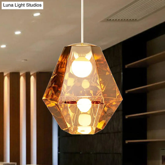 Diamond Pendant Glass Ceiling Light With Clear/Amber Shade – Modern Post-Modern Design 1-Light