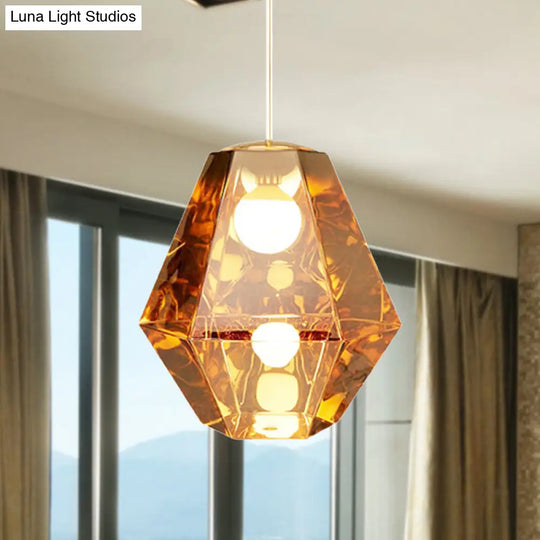 Diamond Pendant Lighting: Post-Modern Glass Ceiling Light With Linear/Stout Shade - Clear/Amber