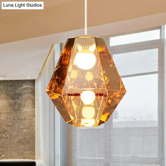 Diamond Pendant Glass Ceiling Light With Clear/Amber Shade – Modern Post-Modern Design 1-Light