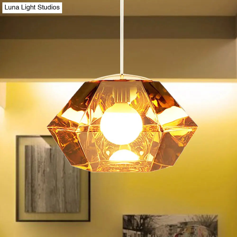 Diamond Pendant Lighting: Post-Modern Glass Ceiling Light With Linear/Stout Shade - Clear/Amber