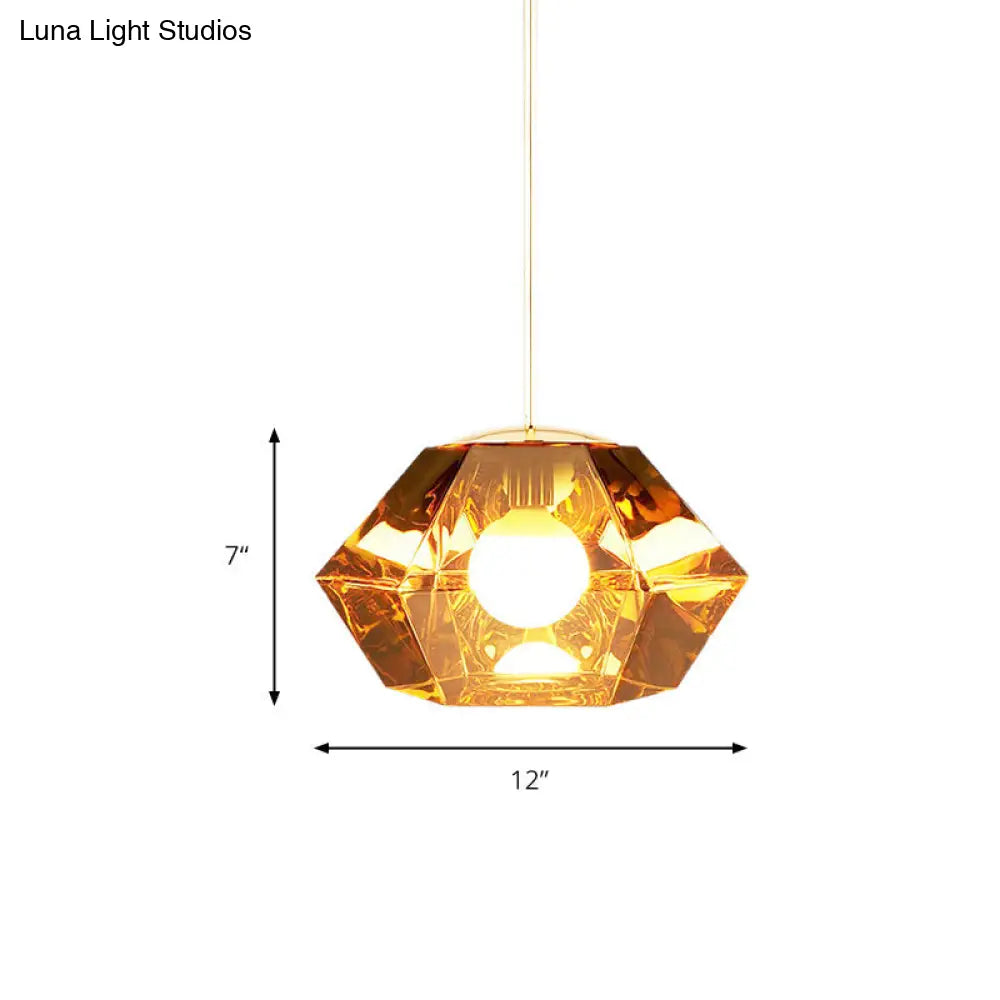 Diamond Pendant Lighting: Post-Modern Glass Ceiling Light With Linear/Stout Shade - Clear/Amber