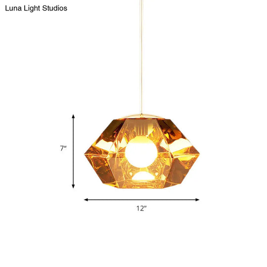 Diamond Pendant Lighting: Post-Modern Glass Ceiling Light With Linear/Stout Shade - Clear/Amber