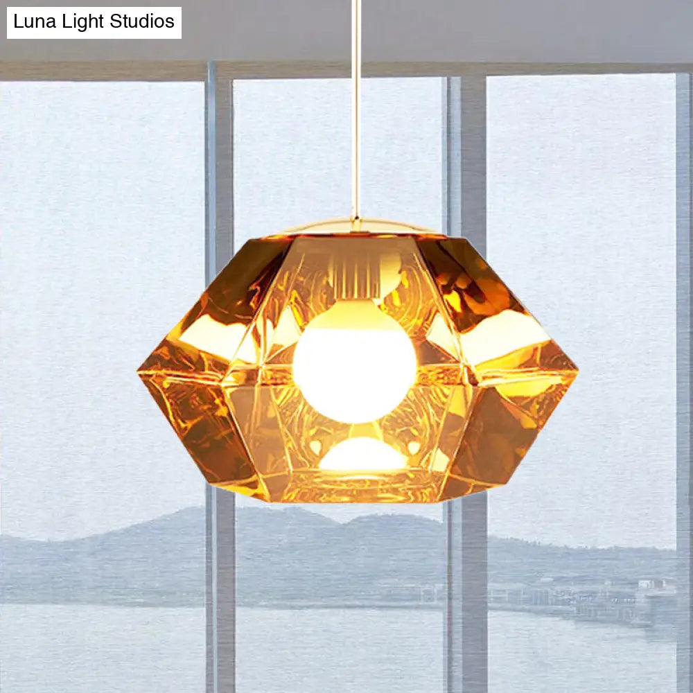 Diamond Pendant Glass Ceiling Light With Clear/Amber Shade – Modern Post-Modern Design 1-Light