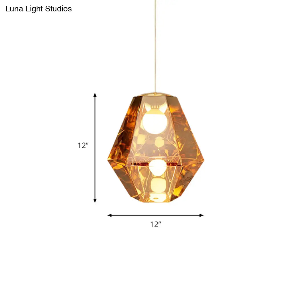 Diamond Pendant Glass Ceiling Light With Clear/Amber Shade – Modern Post-Modern Design 1-Light