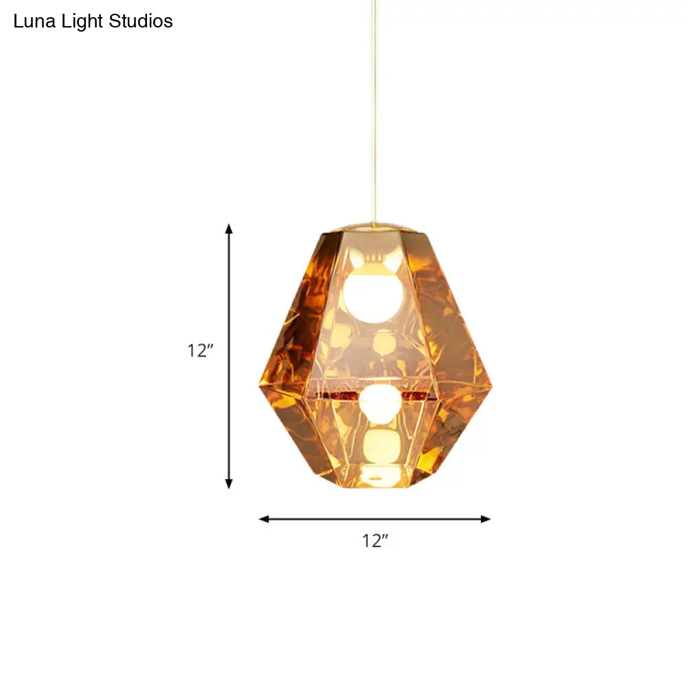 Diamond Pendant Lighting: Post-Modern Glass Ceiling Light With Linear/Stout Shade - Clear/Amber