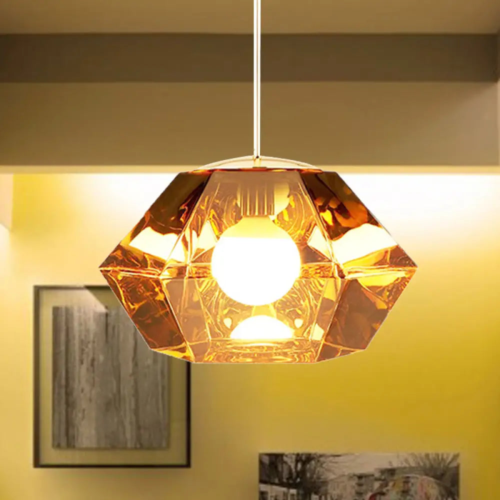 Diamond Pendant Glass Ceiling Light With Clear/Amber Shade – Modern Post-Modern Design 1-Light