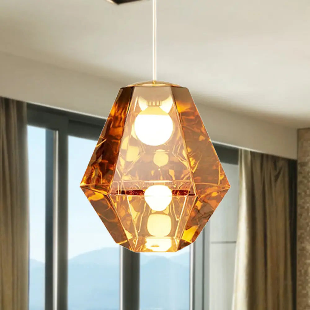 Diamond Pendant Glass Ceiling Light With Clear/Amber Shade – Modern Post-Modern Design 1-Light