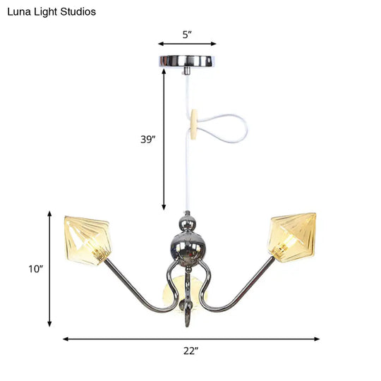 Diamond Pendant Lighting For Farmhouse With Amber/Clear Glass - 3 Lights Chandelier Lamp In