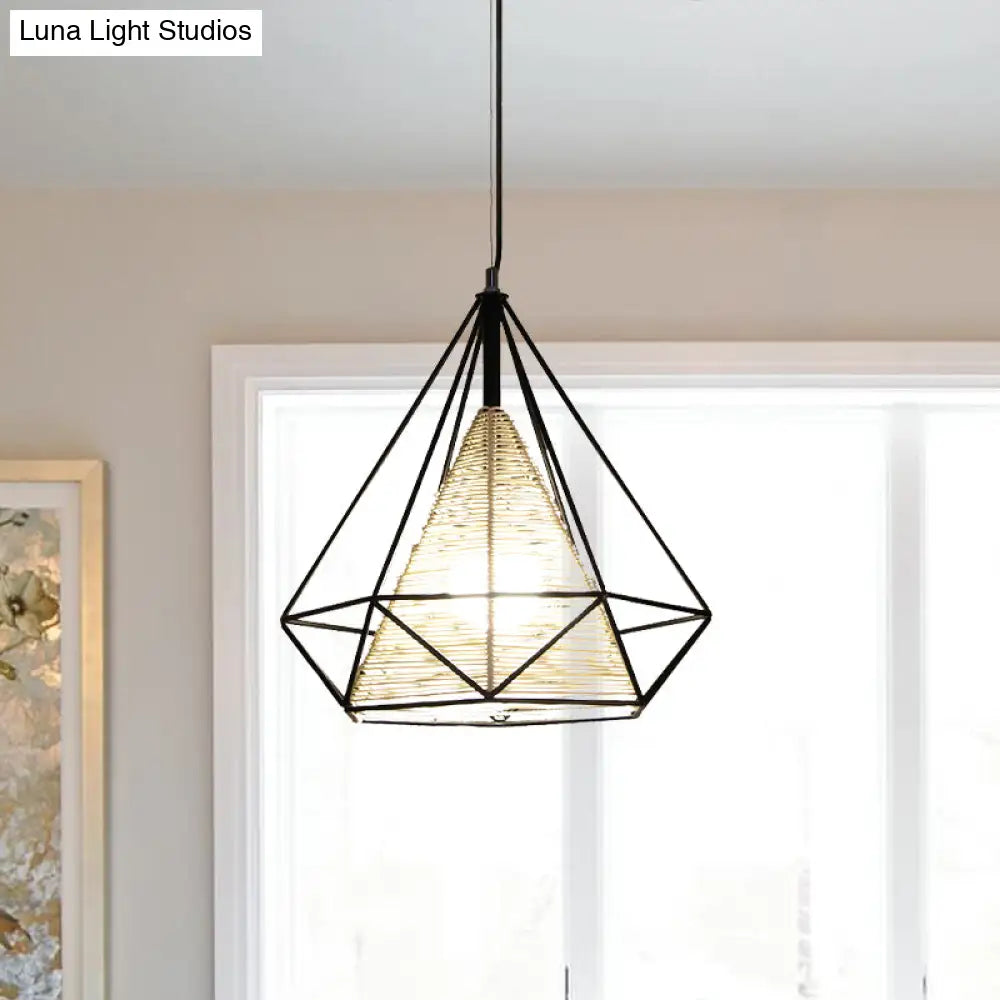 Modern Beige Diamond Rattan Hanging Pendant Light - Available In 15 18 And 19.5 Width Ideal For