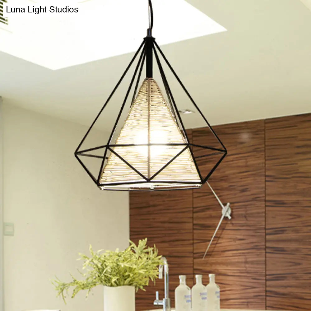 Diamond Rattan Hanging Pendant Light - Modern 1 Beige Ceiling For Kitchen Island 15’/18’/19.5’ Wide