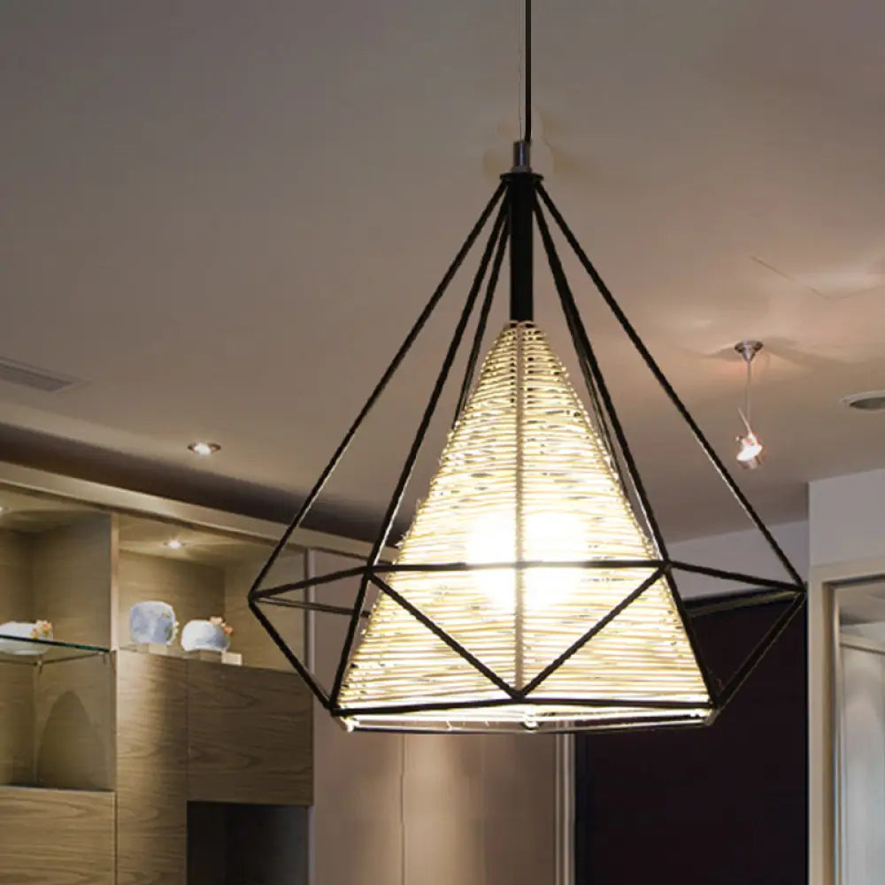 Diamond Rattan Hanging Pendant Light - Modern 1 Beige Ceiling For Kitchen Island