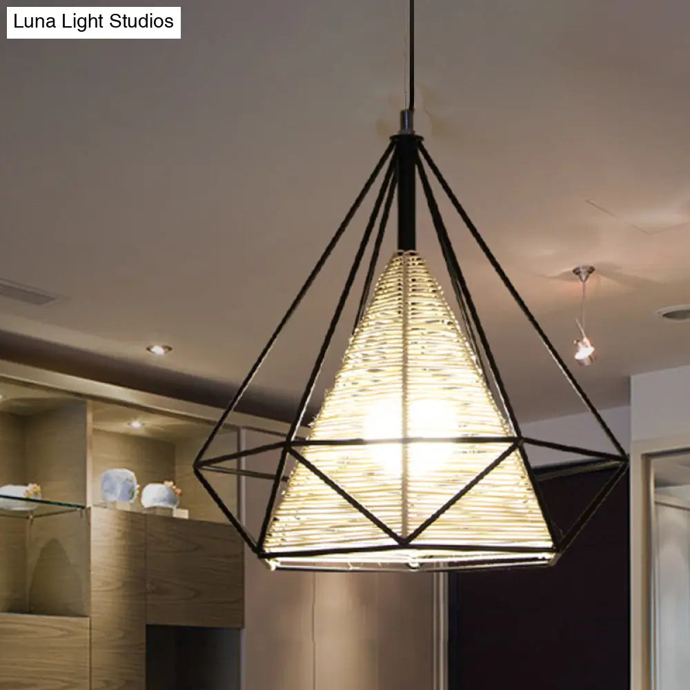 Modern Beige Diamond Rattan Hanging Pendant Light - Available In 15 18 And 19.5 Width Ideal For