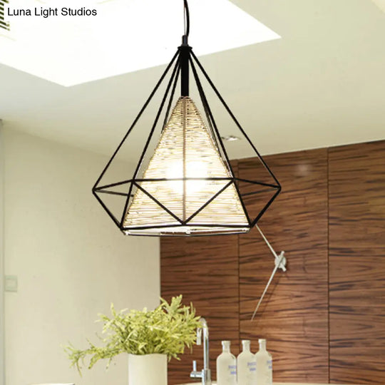 Modern Beige Diamond Rattan Hanging Pendant Light - Available In 15 18 And 19.5 Width Ideal For