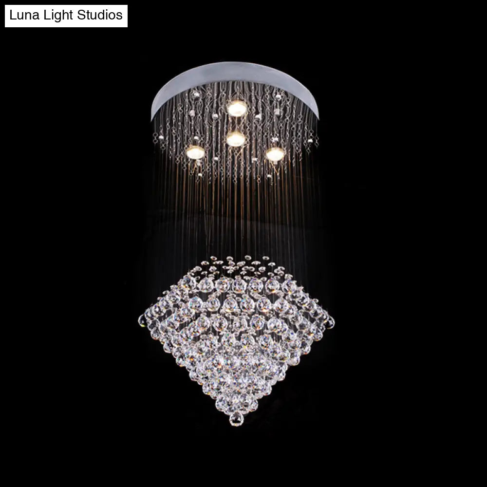 Diamond Shaped Ceiling Light In Contemporary Satin Nickel With Crystal Flush Mount