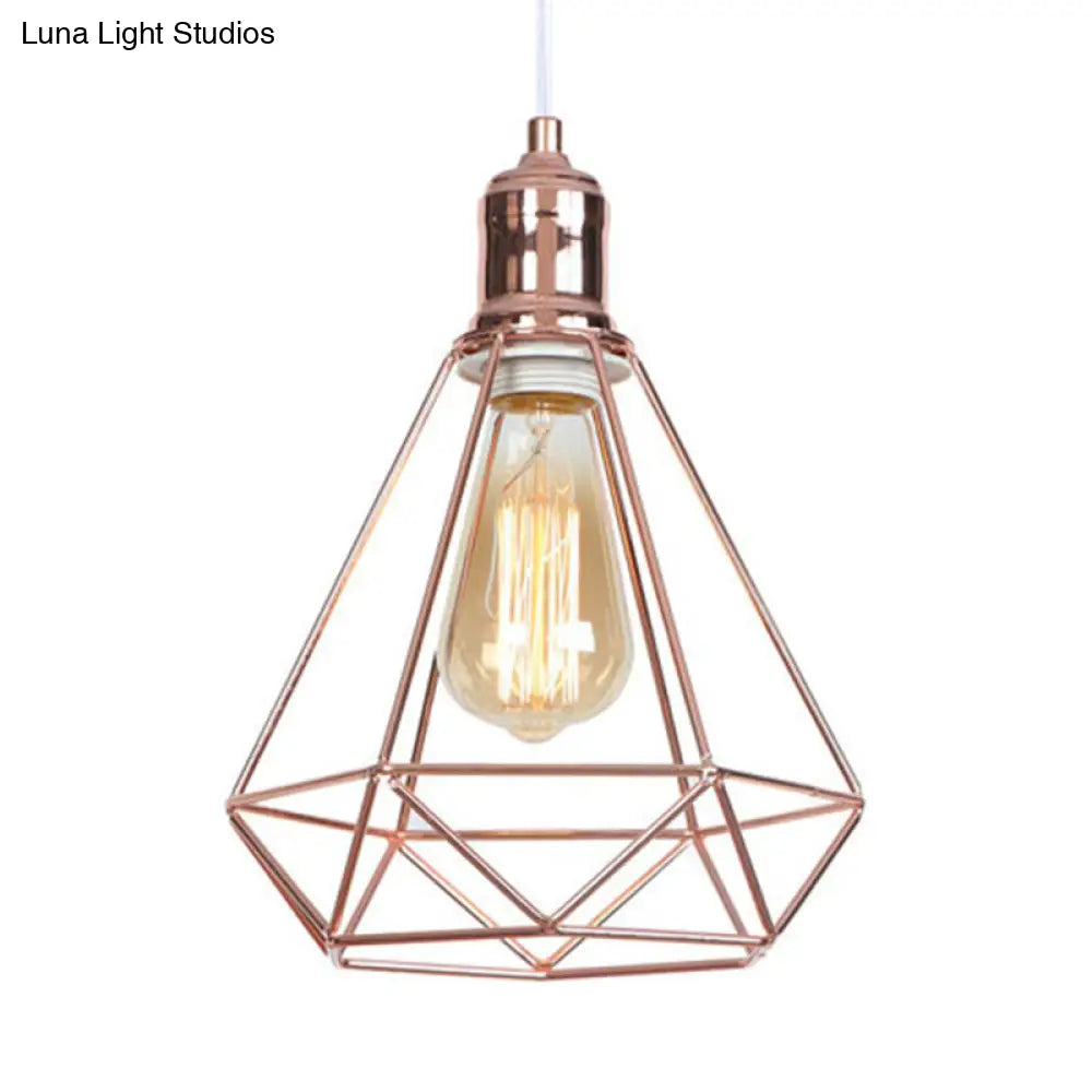 Rose Gold Caged Pendant Ceiling Light For Coffee Shops - Industrial Design With Diamond Shape And 1