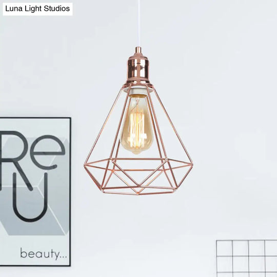 Rose Gold Caged Pendant Ceiling Light For Coffee Shops - Industrial Design With Diamond Shape And 1