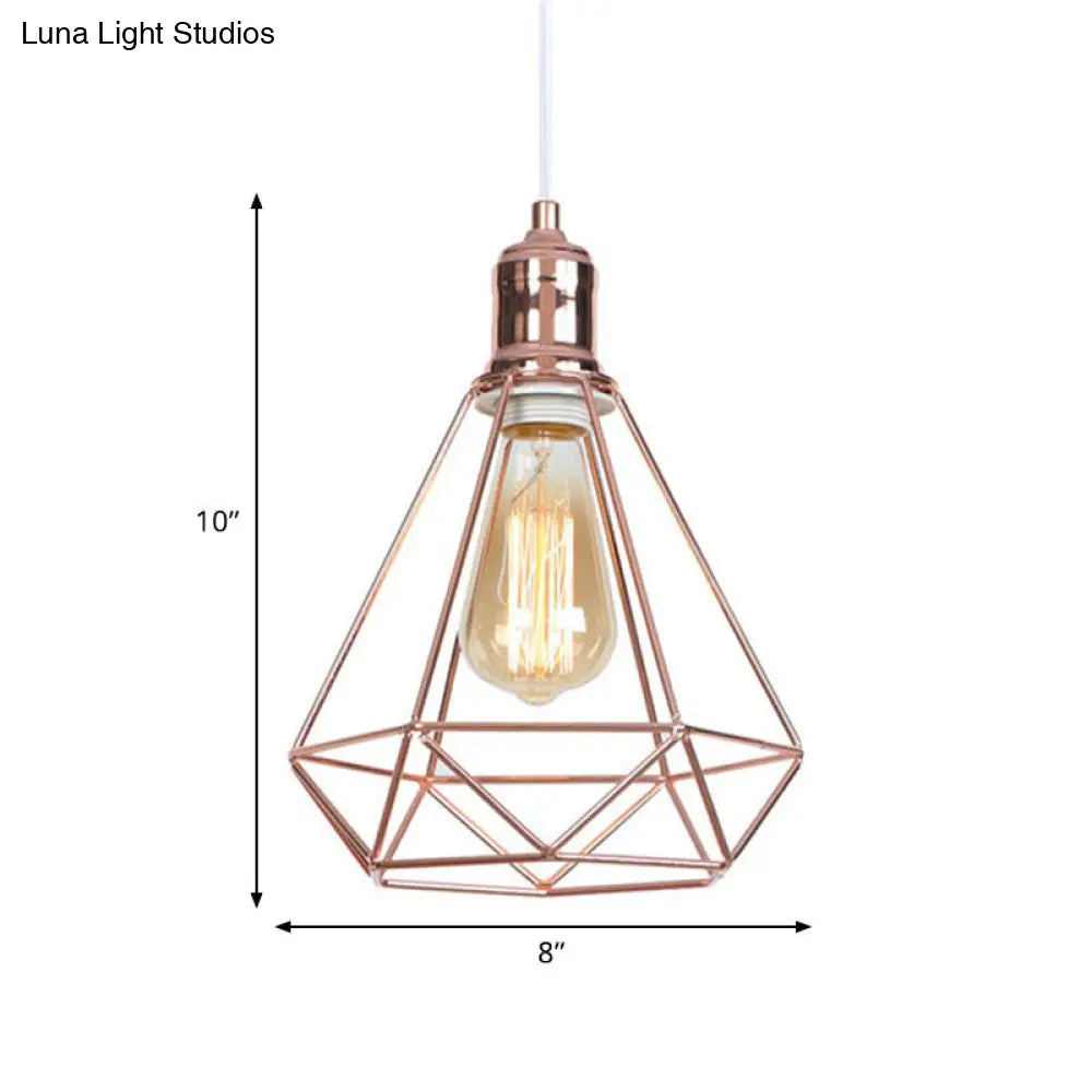 Rose Gold Caged Pendant Ceiling Light For Coffee Shops - Industrial Design With Diamond Shape And 1