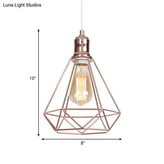 Rose Gold Caged Pendant Ceiling Light For Coffee Shops - Industrial Design With Diamond Shape And 1