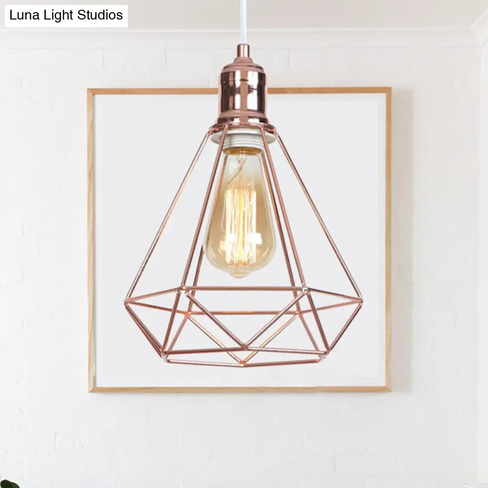 Rose Gold Caged Pendant Ceiling Light For Coffee Shops - Industrial Design With Diamond Shape And 1