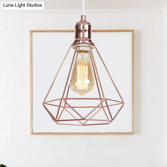 Rose Gold Caged Pendant Ceiling Light For Coffee Shops - Industrial Design With Diamond Shape And 1