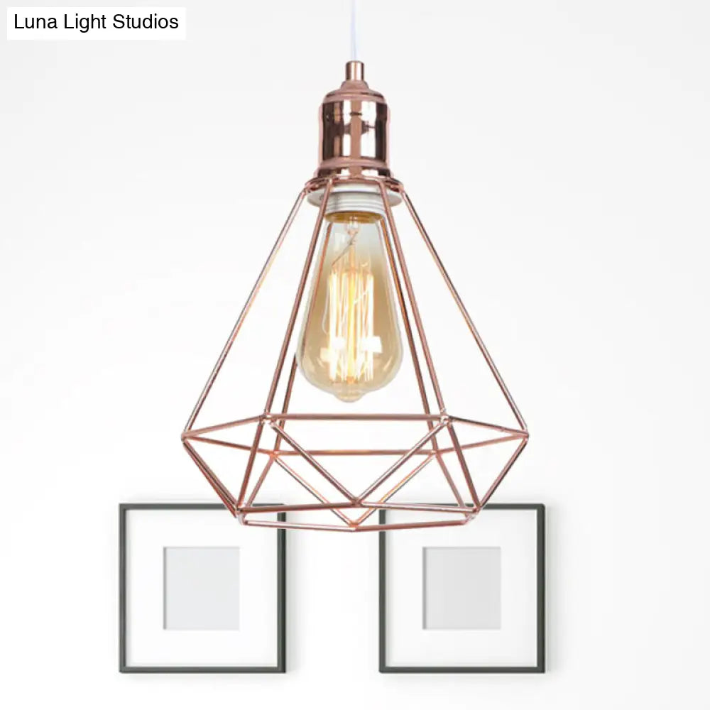 Rose Gold Caged Pendant Ceiling Light For Coffee Shops - Industrial Design With Diamond Shape And 1
